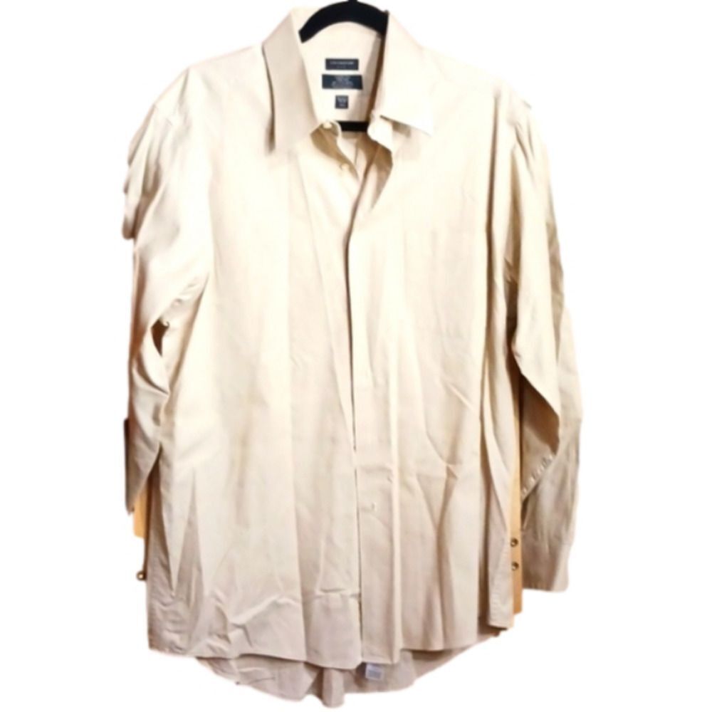 🏷5/25 16-16.5 Wrinkle Free Light Beige Long Sleeve Button Down Dress Box 17